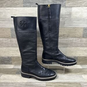 Tory Burch Miller 30mm Boots Women’s 8M Black Leather Lug-Sole Calf  Emblem